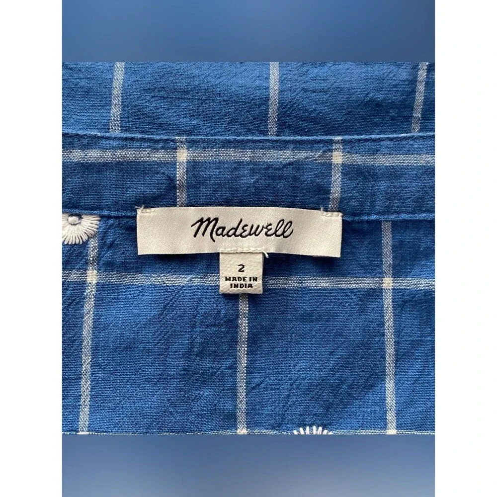 Madewell Hermitage Blue Embroidered Puff Sleeve Window Pane Crop Top 2